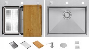 Zlewozmywak GraniteQ BURT 100 Workstation SteelQ  zlewozmywak 1-komorowy b/o stal szlachetna 580*485 mm + syfon push to open + dozownik stal szcz. + wkładka ociekowa+ Qmat 9