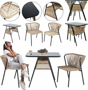 kontrast Zestaw mebli ogrodowych 3 części taras balkon technorattan ROMA 2os. czarny 2