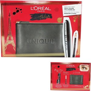 L’Oreal Paris Set L'Oreal Paris: L'Oreal Paris, Kajal Eye Pencil, Black, 1.5 g + Mega Volume Collagene 24h, Waterproof, Mascara, Mega Black, 9 ml + Makeup Bag, Black For Women 1