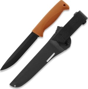 Peltonen Fiński nóż taktyczny Peltonen Knives M95 Ranger Puukko Sissipuukko FJP134 Stal 80CrV2 w Czarnej Powłoce Teflonowej PTFE Pomarańczowa Rękojeść TPE Czarna Pochwa Kompozytowa 1