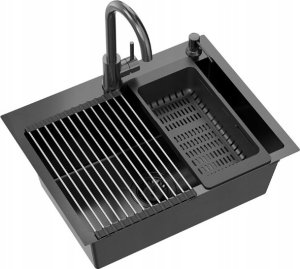 Zlewozmywak QUADRON LUKE 110 WORKSTATION zlewozmywak black metal (58x45x20) z syfonem 1-komorowy b/o + Qmata + Wkładka + Dozownik + Deska + bateria ze stałą wylew 8