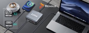 Zasilacz do laptopa Reagle SZYBKA ŁADOWARKA GaN 220W PD 4x USB C 2x QC 3.0 DO LAPTOPA IPHONE 100W MAC 7