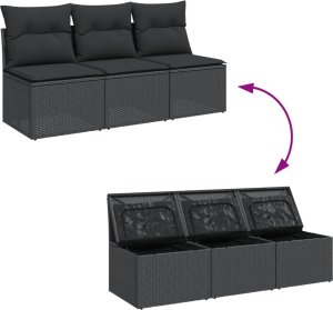 vidaXL vidaXL Sofa ogrodowa z poduszkami, 3-osobowa, czarna, polirattan 7