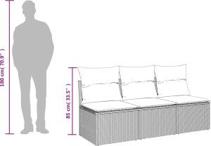 vidaXL vidaXL Sofa ogrodowa z poduszkami, 3-osobowa, czarna, polirattan 10