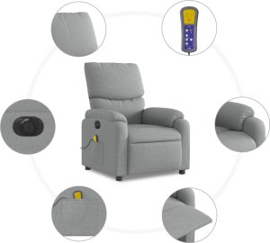 vidaXL vidaXL Rozkładany fotel masujący, elektryczny, jasnoszary, tkanina 8