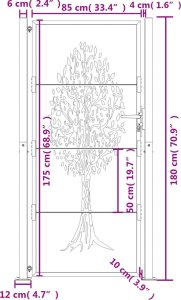 vidaXL Furtka ogrodowa, antracytowa, 105x180 cm, stal, motyw drzewa 9