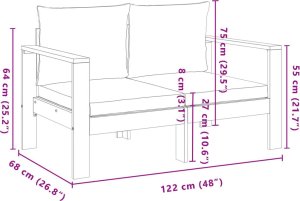 vidaXL Sofa ogrodowa z poduszkami, 2-osobowa, lite drewno akacjowe 8