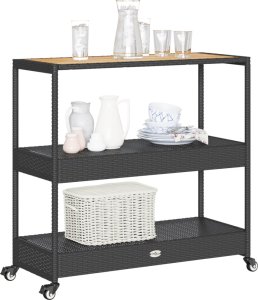vidaXL Wózek barowy, 3-poziomowy, czarny, polirattan i drewno akacjowe 4