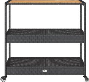 vidaXL Wózek barowy, 3-poziomowy, czarny, polirattan i drewno akacjowe 5