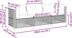 vidaXL vidaXL 3-osobowa sofa ogrodowa z poduszkami, szara, polirattan 8