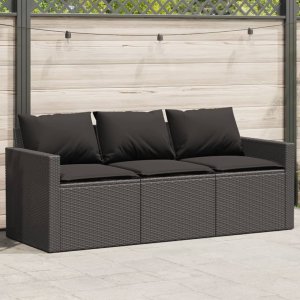 vidaXL vidaXL Sofa ogrodowa z poduszkami, 3-osobowa, czarna, polirattan 1