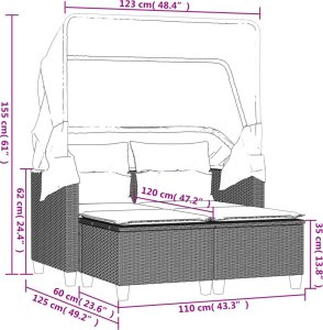 vidaXL 2-os. sofa ogrodowa, daszek i podnóżki, jasnoszara, rattan PE 11