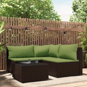 vidaXL VidaXL 4 Piece Patio Lounge Set with Cushions Brown Poly Rattan 1