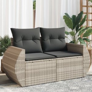 vidaXL Sofa ogrodowa z poduszkami, 2-osobowa, jasnoszara, polirattan 1