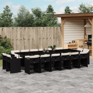 vidaXL VidaXL 17 Piece Patio Dining Set with Cushions Black Poly Rattan 1