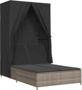 vidaXL Podwójna leżanka z daszkiem i zasłonami, szary polirattan 2
