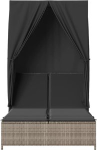 vidaXL Podwójna leżanka z daszkiem i zasłonami, szary polirattan 4