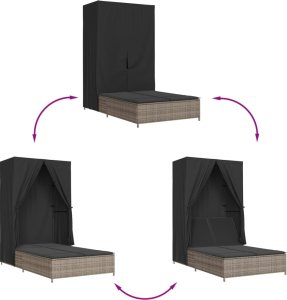 vidaXL Podwójna leżanka z daszkiem i zasłonami, szary polirattan 7