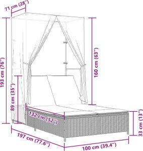 vidaXL Podwójna leżanka z daszkiem i zasłonami, szary polirattan 9