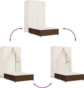 vidaXL Podwójna leżanka z daszkiem i zasłonami, brązowy polirattan 7