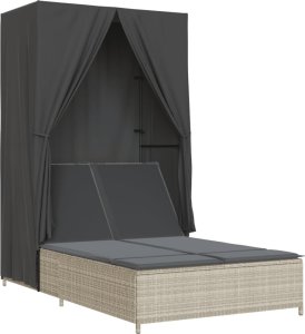 vidaXL Podwójna leżanka z daszkiem i zasłonami, jasnoszary polirattan 2