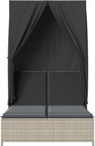 vidaXL Podwójna leżanka z daszkiem i zasłonami, jasnoszary polirattan 4