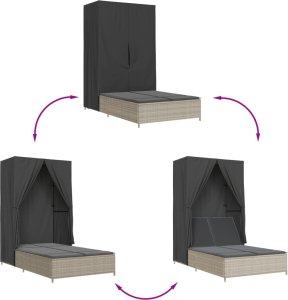vidaXL Podwójna leżanka z daszkiem i zasłonami, jasnoszary polirattan 7