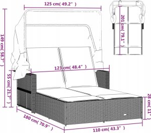 vidaXL vidaXL Podwójna leżanka z zadaszeniem i poduszkami, czarna, polirattan 12