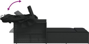 vidaXL vidaXL Podwójna leżanka z zadaszeniem i poduszkami, czarna, polirattan 8