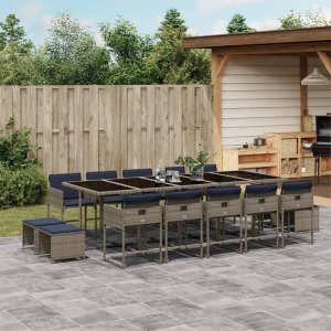 vidaXL VidaXL 15 Piece Patio Dining Set with Cushions Gray Poly Rattan 1