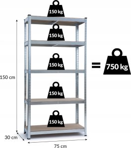 kontrast Regał magazynowy metalowy 150x75x30 5 półek x 150kg czarny 8