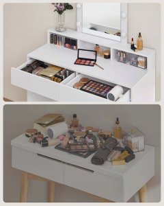 Vasagle Toaletka, Oświetlenie Led Z Regulowaną Jasnością, Toaletka Z Lustrem, 2 Szuflady I 3 Przegródki, Kosmetyczka, Nowoczesna, Biała 6