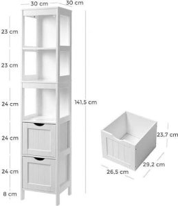 Costway Wysoka szafka, Szafka łazienkowa, Przechowywanie przyborów łazienkowych, Z 2 szufladami I 3 otwartymi przegrodami, 4
