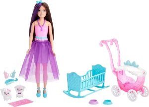 Lalka Barbie Barbie LALKA BARBIE SKIPPER Z WÓZKIEM I BOBASAMI OWIECZKI Wózek HLC29 Dreamtopia 1