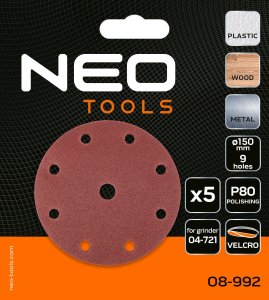 Neo Krążki ścierne 150 mm, P80, 5 szt., z 9 otworami do 04-721 4