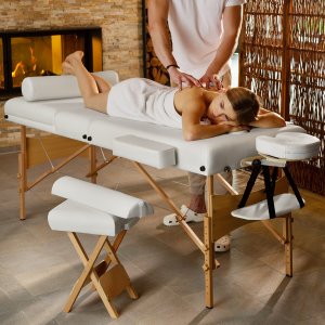 Tectake 3-strefowy stoł do masażu Somwang z 7,5 cm wyściółką, rolkami i drewnianą ramą - biały 2