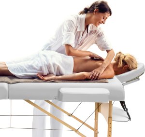 Tectake 3-strefowy stoł do masażu Somwang z 7,5 cm wyściółką, rolkami i drewnianą ramą - biały 9