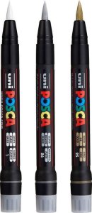 Posca zestaw markerów pędzelkowych PCF-350 trzy kolory złoty srebrny i biały 2