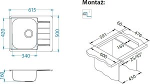 Zlewozmywak Alveus Alveus Monarch LINE 110 MIEDŹ 61,5x50 1k zlew wpuszczany z odpływem zatyczkowym fi 114 z syfonem 1