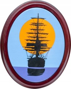 Piękny żaglowiec na tle zachodzącego słońca - 18,5cm x 14,5cm - szyld emaliowany, oprawa drewniana ZAG1 2