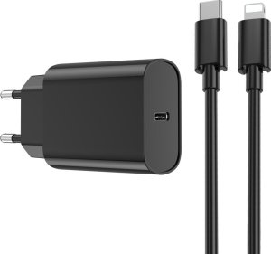 Ładowarka Wiwu Ładowarka Sieciowa Wi-U001 Pd 20W 1X Usb-C Czarna + Kabel Usb-C - Lightning 1