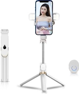 Selfie stick OEM Zestaw / uchwyt selfie z pilotem na bluetooth tripod LED  SSTR-20 biały 1