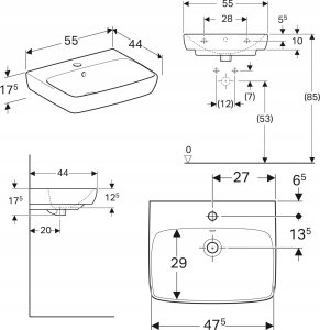 Umywalka Geberit Geberit Selnova Square Umywalka, B55cm, H17.5cm, T44cm, z przelewem, z otworem na baterię [20] 2