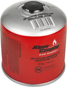 Alpen Kartusz gazowy 500g Alpen Camping. certyfikat: Pi 0437, zgodny z EN417, propan-butan, zakres -10°c do+ 40°c, zawór gwintowany 7/ 2