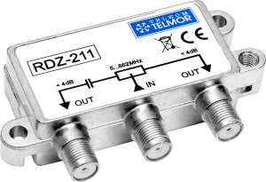 System przekazu sygnału AV Telkom-Telmor RDZ-211 Dwukrotny zewnętrzny rozgałęźnik RF 5-862 MHz 4,0 dB F Poziom Outdoor TELKOM TELMOR 1