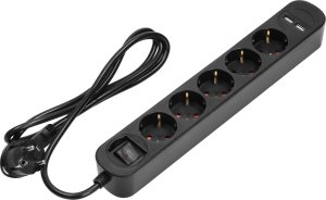 Listwa zasilająca Orno Listwa przeciwprzepięciowa, 5 gniazd 2P+Z (Schuko), kabel 3x1,0mm2, długość 1,5m, z wyłącznikiem podświetlanym dwutorowym. 10A/230 VAC, Ochronnik przeciwprzepięciowy, Ładowarka 2xUSB 2,1A. Płaska wtyczka 1