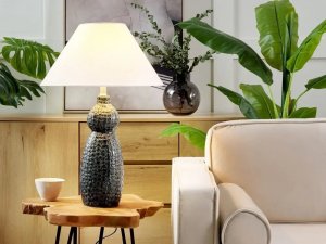 Beliani Lampa stołowa ceramiczna ciemnoniebieski z białym MATINA 7