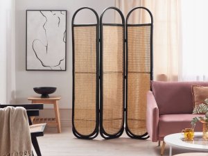 Beliani 3-panelowy składany parawan pokojowy rattanowy 118 x 180 cm naturaly z czarnym CORTONA 10