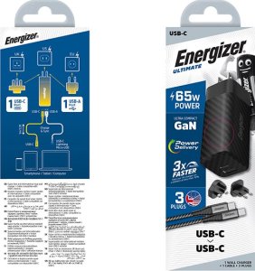 Ładowarka Energizer Energizer Ultimate - Ładowarka sieciowa Multiplug EU / UK / US GaN USB-C & USB-A 65W PD + Kabel USB-C (Czarny) 6