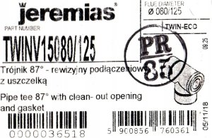 Jeremias Trójnik 87° z rewizją biały z uszczelką 80/125 (Junkers, Buderus, Viessmann, Wolf) 1